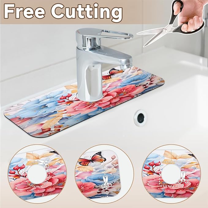 Pastel Flower Fusion Kitchen Faucet Mat Splash Guard, 15.4”x5.7” Absorbent Quick Drying Sink Mat for Countertop Protection, Draining Mat Sink Protectors For Kitchen Bathroom, 1 Pack