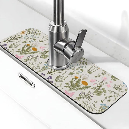 Vintage Color Plants Herbs Floral Butterfly Botanical Kitchen Sink Splash Guard Faucet Mat 1 Pcs, Absorbent Fast Drying Mat Gadgets Splash Guard For Bathroom 15 X 5.5 Inches