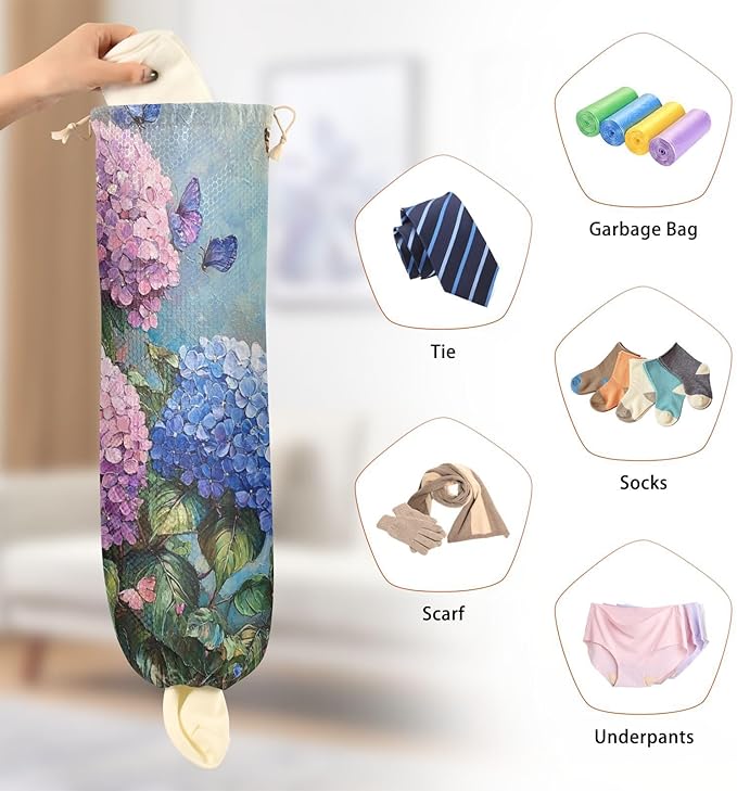 Plastic Bag Holder Wall Mount Grocery Bag Shopping Bag Storage Holder Organizer Dispenser with Adhesive Hook,for Kitchen Bathroom Home Decor 9x22 Inches Hydrangea with Butterfly19