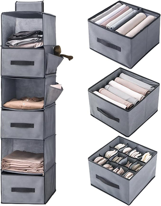 6-Shelf Hanging Closet Organizer, Hanging Storage Shelves with 3 Removable Drawers, Wardrobe Clothes Organizer, Cloth Hanging Shelves, Poucher Foldable for Closet Bedroom Home (1PCS 6-Shelf)