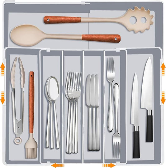 Homecor Silverware Drawer Organizer for Kitchen - Adjustable Utensil Holder Drawer Organizer, BPA Free Flatware and Cutlery Tray, Expandable Plastic Storage for Spoons Forks Knives, Grey