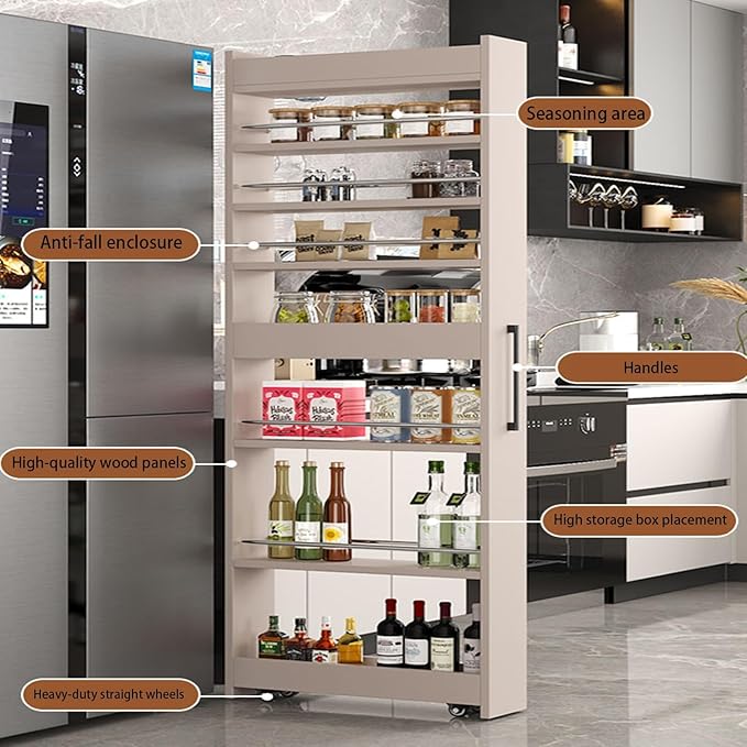 Slim Rolling Storage Cart with Wheels Narrow Spice Rack Organizer Cabinet Next to Refrigerator Space Saving Wood Storage Cabinet for Kitchen, Pantry(White,D 21.65 x H 72.4 x W 7.87 in)
