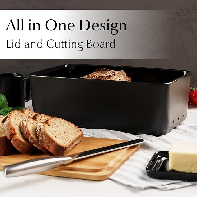MIAMIO – Bread Box for Kitchen Countertop/Ceramic Bread Box with Cutting Board, Bread Container with Bamboo Lid, 12.6 x 7.9 x 4.5 inches