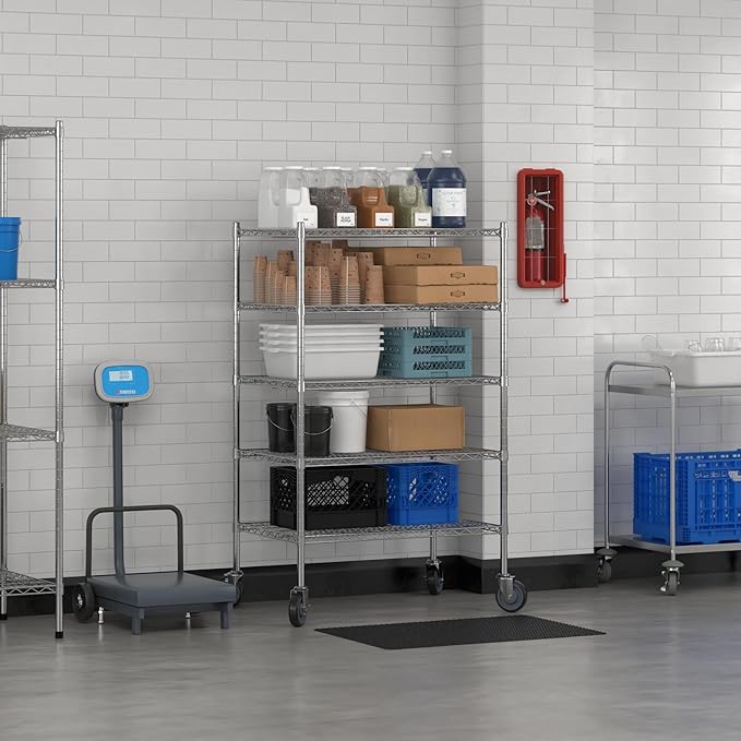 Commercial NSF Listed Chrome Mobile Wire Shelving Kit 24" x 36" x 60", with 5 Shelves Perfect for Warehouse, Walk-in Refrigerator, Freezer, Grocery Store, Restaurant, Dishroom