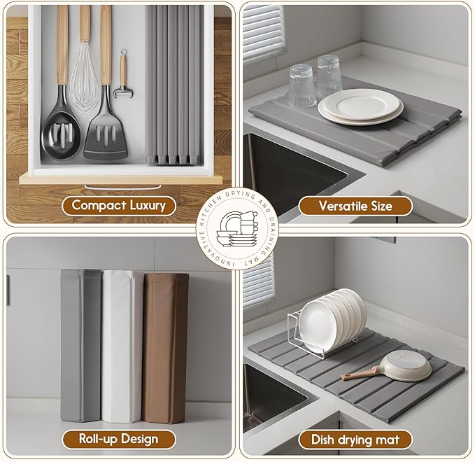 Dish Drying Mat，Stone Drying Mat for Kitchen Counter，Heat Resistant and Super Absorbent Foldable Bath mats,Made of Diatomaceous Earth and Leather.24.8"×15.7" Light Grey