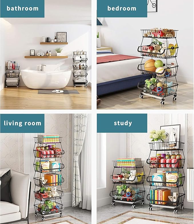 CarolynDesign Kitchen Storage Baskets Black Iron Wire Storage Bins with Wheels and Feet, Stackable Vegetable Storage Baskets (6-Tier Baskets)