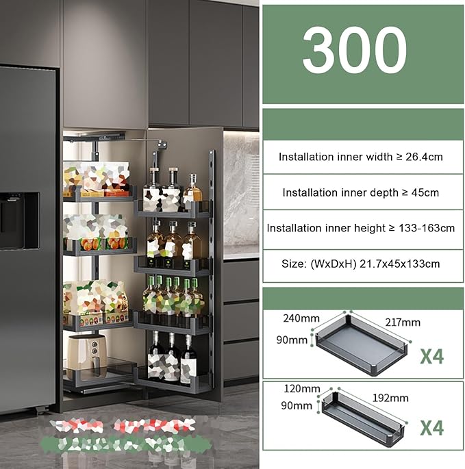 WIGING 4-Tier Narrow Cabinet Pull-Out Basket, High Cabinet Pull-Out Storage Rack with Adjustable Dividers for Kitchen Bathroom Pantry, Single-Layer Load Capacity: 15kg(21.7x45x133cm)