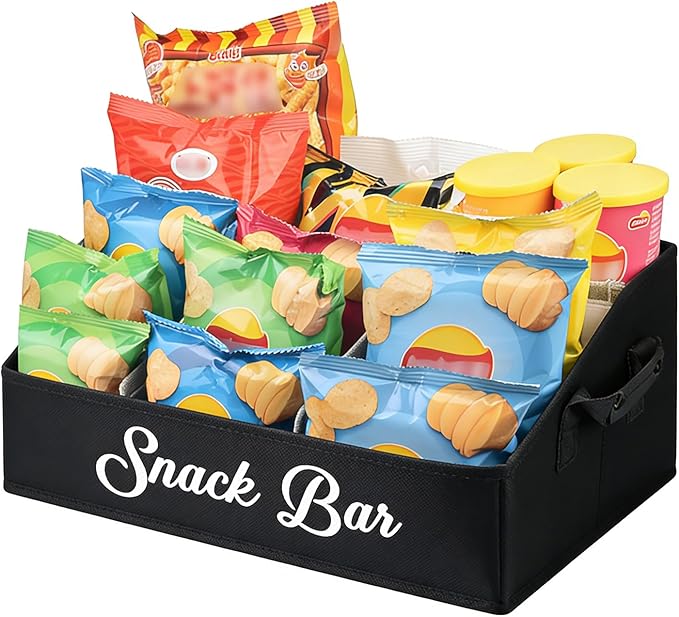 Snack Organizer for Countertop, Snack Basket with Adjustable Compartments via Velcro, 6 Compartment Food Container, Basket for Snacks with PU Handles, Black