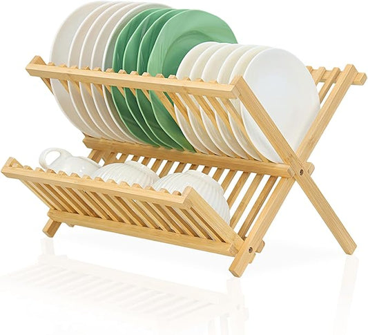 Bamboo Dish Drying Rack, Collapsible 2-Tier Dish Drainer Kitchen Plate Rack for Kitchen Countertop Foldable