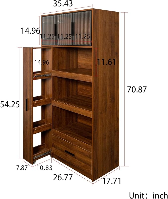 70.87" Tall Kitchen Pantry Storage Cabinet with Pull-Out Shelf, Glass Doors, 2 Drawers & Side Shelves, Freestanding Wood Hutch Cupboard with Microwave Stand for Dining Room, Coffee Bar, Walnut