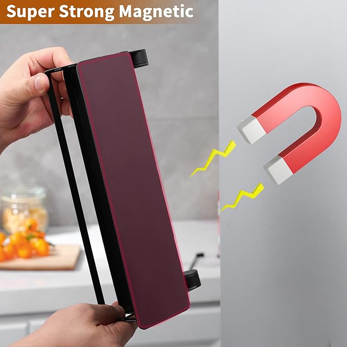 YIGII Magnet Paper Towel Holder for Refrigerator, 2-in-1 Black Spice Rack Organizer Strong Magnets, Kitchen Roll Holder with Storage Shelf and 2 Hooks, Heavy Duty