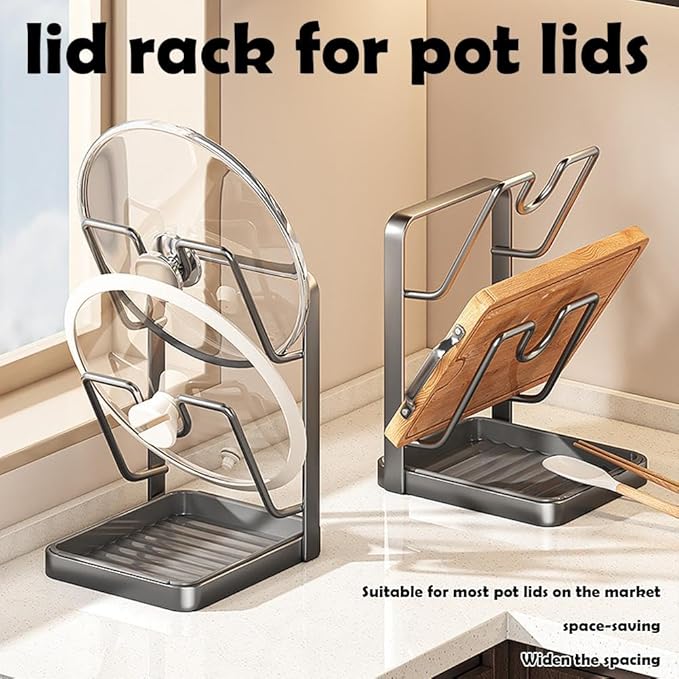 Kitchen Pot Lid Storage Rack, Pot Lid Holder With Tray,304 Stainless Steel Pots Lids Holder While Cooking, Multifunctional Kitchen Pots Cover Organizer for Countertop