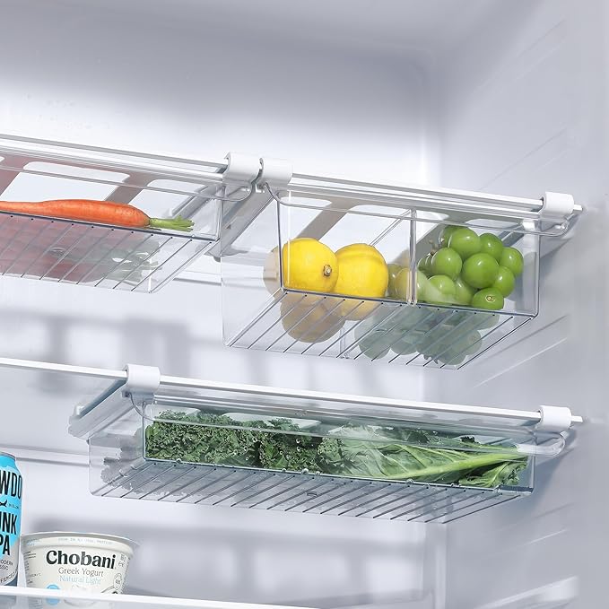 Bronkeeper Pull-Out Fridge Drawer Organizer - Under Shelf Storage Bins for Refrigerator Organization for Fruits Vegetables, Cheese & Deli (Flat & Narrow)