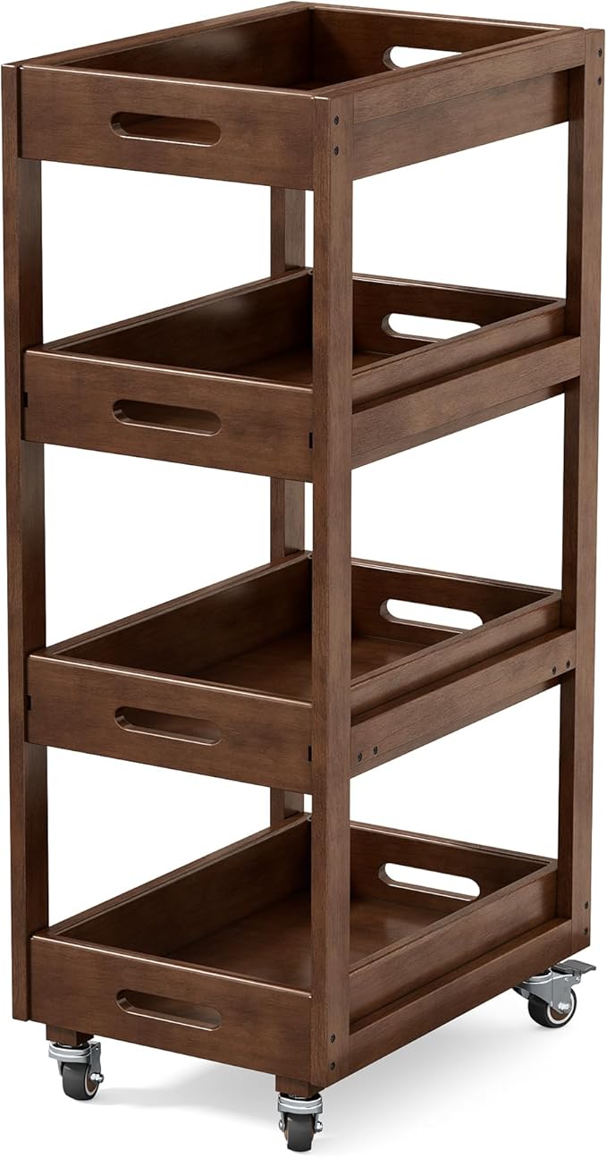 Solid Wood Storage Cart, 4-Tier Slim Kitchen Rolling Cart with Wheels, Narrow Mobile Utility Organizer Shelving Unit for Small Space, Living Room, Dining Room, Laundry, Walnut