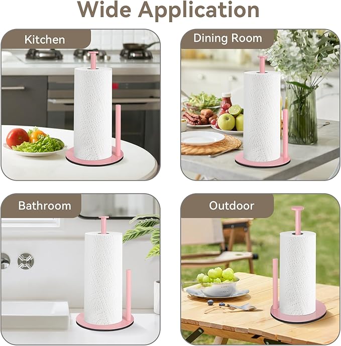Paper Towel Holder Pink, Paper Towel Holder Countertop with Anti Slip Weighted Base, Stainless Steel Freestanding Paper Towel Holders for Kitchen