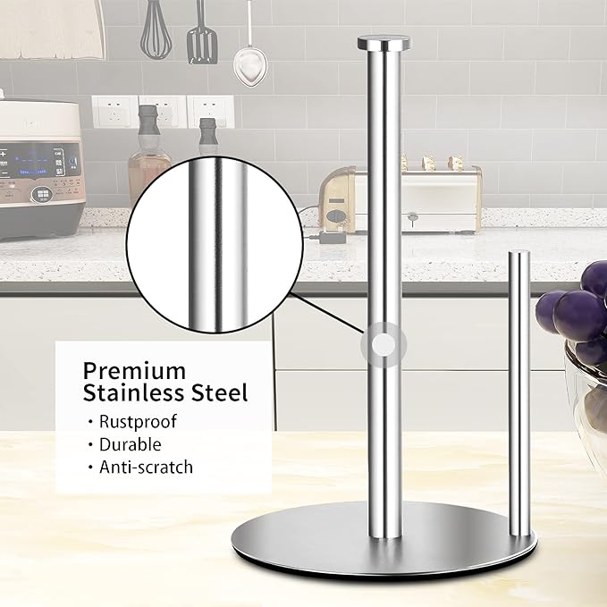 Paper Towel Holder Countertop, OBODING, Stainless Steel Kitchen Paper Towel Holder Stand for Kitchen Organization, Stainless Steel Paper Towel Holders for Standard and Large Rolls (Silver)