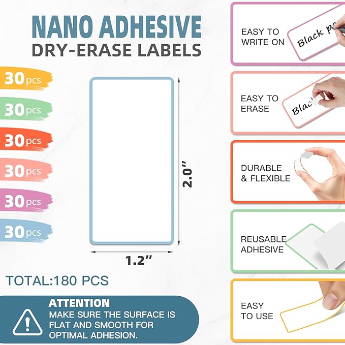 PPB Dry Erase Labels Sticky Notes for Containers, Reusable Waterproof Removable Stickers for Storage Bins, Freezer, Kitchen, Classroom, Whiteboard, All Purpose Use (1.2”x 2”, Multicolor, 180 Dots)