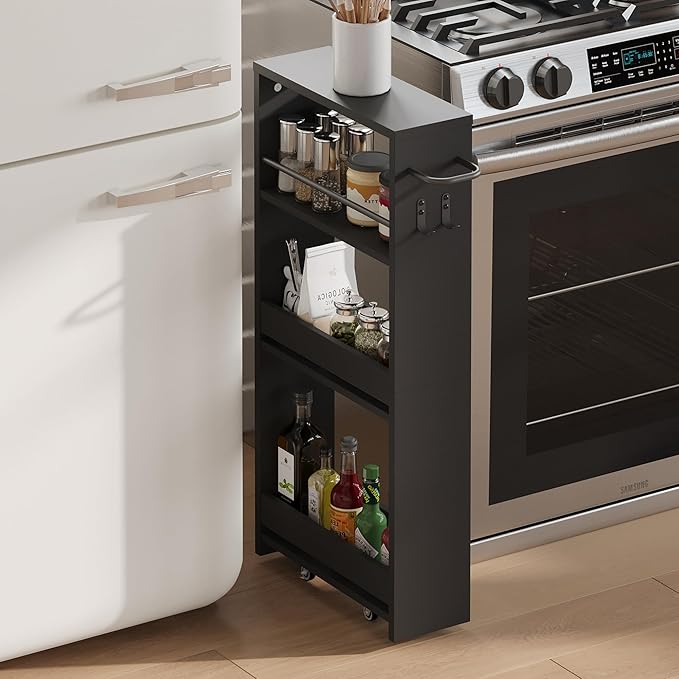 ChooChoo 4-Tier Slim Storage Cart, 5.5 inches Wide Narrow Storage Cabinet with 360° Wheels and 2 Hooks, Laundry Room Storage Organizer for Kitchen, Narrow Places, Bathroom, Black