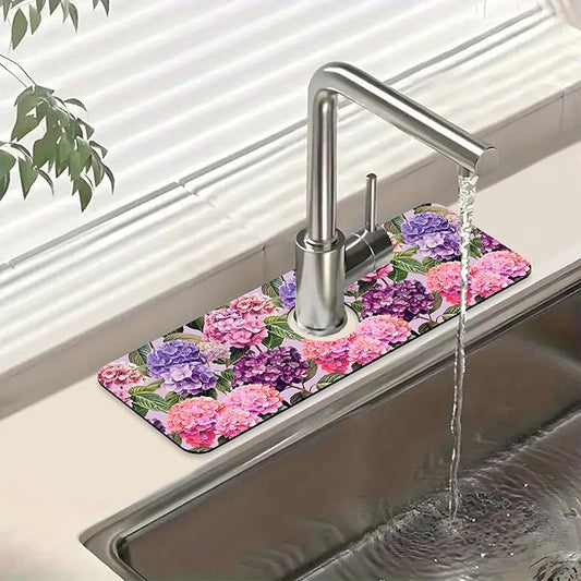 Colorful Hydrangea Sink Splash Guard Faucet Mat Purple Pink Hydrangea Super Absorbent Fast Drying Mat Sink Gadgets-Splash Guard Behind Faucet Drip Catcher for Kitchen Bathroom, 15.5"x5.5"