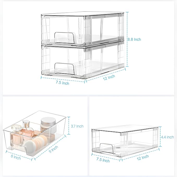 2 Pack Stackable Storage Drawers,Plastic Organizers Bins, Drawers Storage with Handles and Movable Dividers for Organization and Storage in Fridge,Bathroom, Pantry, Kitchen Cabinets, Under Sink