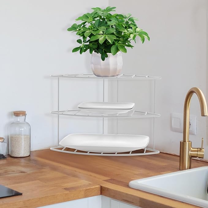 3-Tier Kitchen Details Corner Shelf Organizer | Cabinet & Countertop Storage | Plates | Cups | Bowls (2, White)