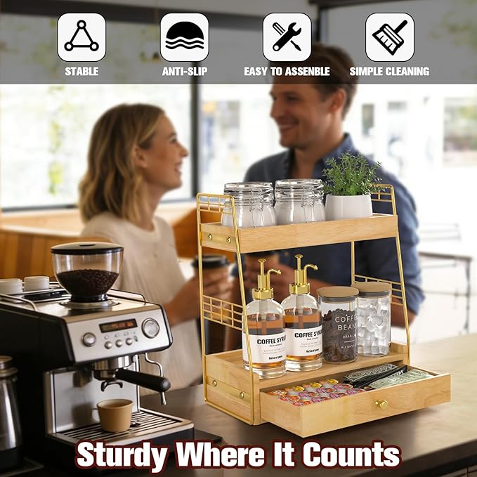Coffee Bar Station Organizer with Built-In Drawer, 2-Tier Countertop Shelf for Tea Bags, Coffee Accessories, Syrup Bottles (Natural)
