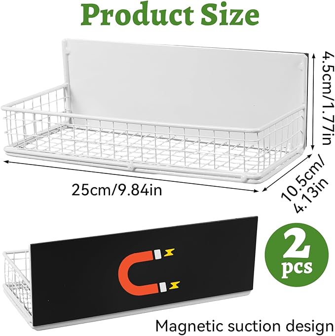ONESIXEC 2 Pack Magnetic Basket for Fridge, Magnetic Spice Rack for Side of Refrigerator, Small Magnet Wire Bin Basket Fridge Shelf Organizer Kitchen Classroom Whiteboard Pantry Office Storage, White