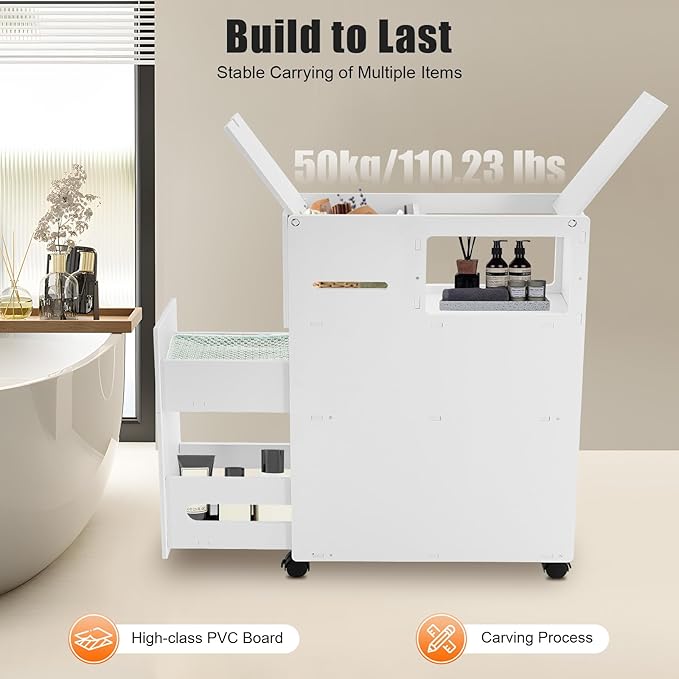 Bathroom Storage Cabinet, Storage Cabinet with Drawers, Movable Narrow Toilet Side Cabinet w/2 Slide Out Drawers, 2 Rattan Baskets & Shelves, Toilet Paper Holder on Wheels for Small Spaces