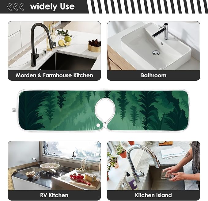 2 PCS Kitchen Sink Splash Guard 23.6 Inch Faucet Mat for Kitchen Sink Bathroom Sink Faucet Absorbing Drip Drain Mat Pad Microfiber Soft Washable Green Mountain Forest Trees