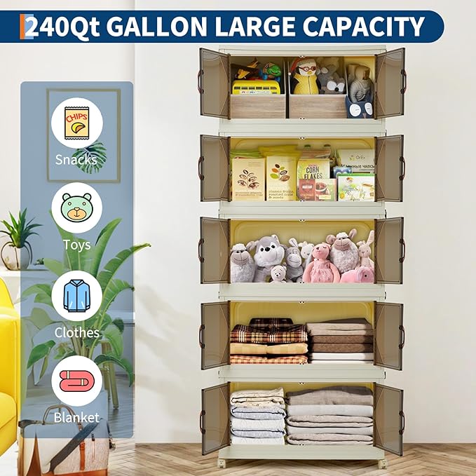 GarveeHome 240QT Stackable Storage Bins, Folding Storage Box with Magnetic Doors & Wheels, Loset Organizers and Storage with Lids, Collapsible Plastic Drawers for Bedroom Kitchen Office, White