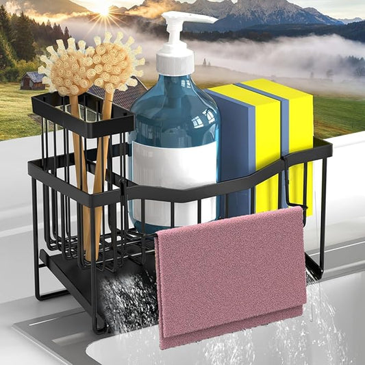 Sponge Holder for Kitchen Sink with Auto Draining Tray,Kitchen Sink Caddy Organizer with Rag Holder, Rustproof Stainless Steel Kitchen Organizers Soap Dispenser Storage Organize