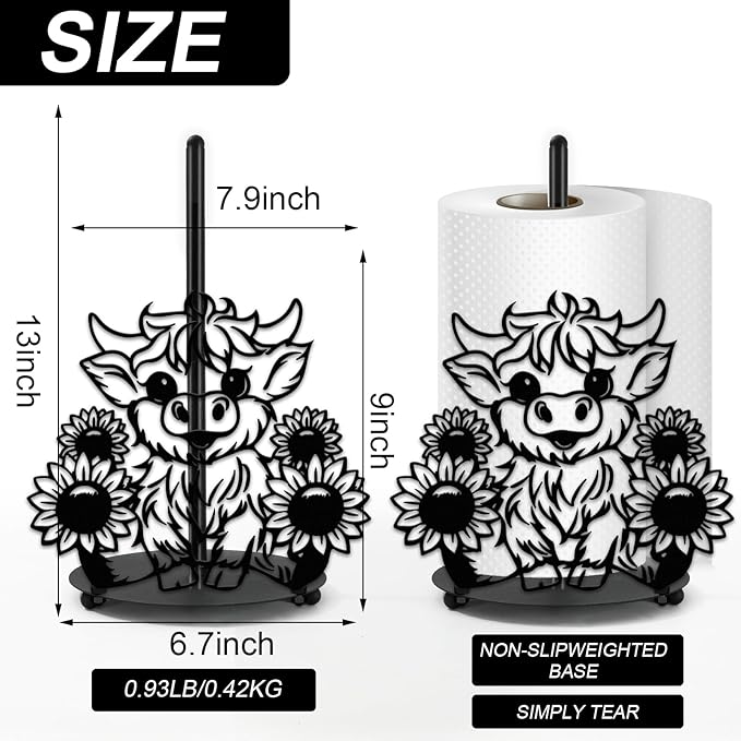 JarThenaAMCS Highland Cow Sunflower Paper Towel Holder Kitchen Decor Accessories Large Black Metal Towel Holder Stand for Farmhouse Home?Party Bathroom Countertop