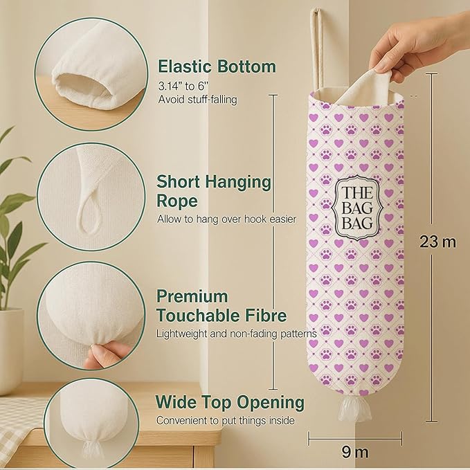 The Bag Bag Grocery Bags Holder, Purple Paw & Heart Pattern Grocery Bags Holder Organizer for Shopping Sack, Reusable Hanging Trash Sack Dispenser, Kitchen Gift for Women Family Friends Grandma Mom