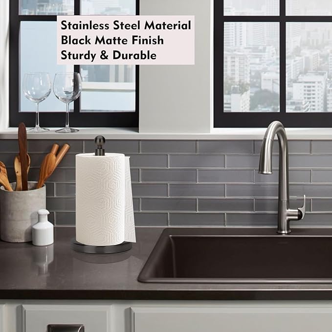 Paper Towel Holder Countertop, Standing Paper Towel Roll Holder for Kitchen Bathroom, with Weighted Base for One-Handed Operation, No Wobbly (Stainless Steel Base, Black)