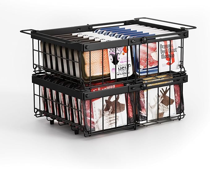 Deep freezer organizer bins-Fit 10 to 20 Cu.FT，2 Pcs stackable wire baskets for freezer，Vegetable Fruit Basket，kitchen countertop organizer，pantry organizers and storage，Expandable length 11.42-17.91"