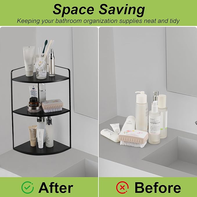 3 Tier Corner Bathroom Counter Organizer, Countertop Organizer, Vanity Organizers, Bathroom Storage Sink Shelf, Wooden and Metal Counter Shelf, Perfume Organizer for Makeup Tray (Large Capacity-Black)