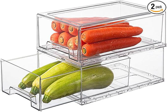 PiJeyiee 2 Pack Clear Stackable Refrigerator Organizers and Storage Drawers - Pull-Out Fridge Bins with Anti-Slip Base & Easy Clean, Plastic Organizers for Kitchen Pantry Cabinet Closet (Large)