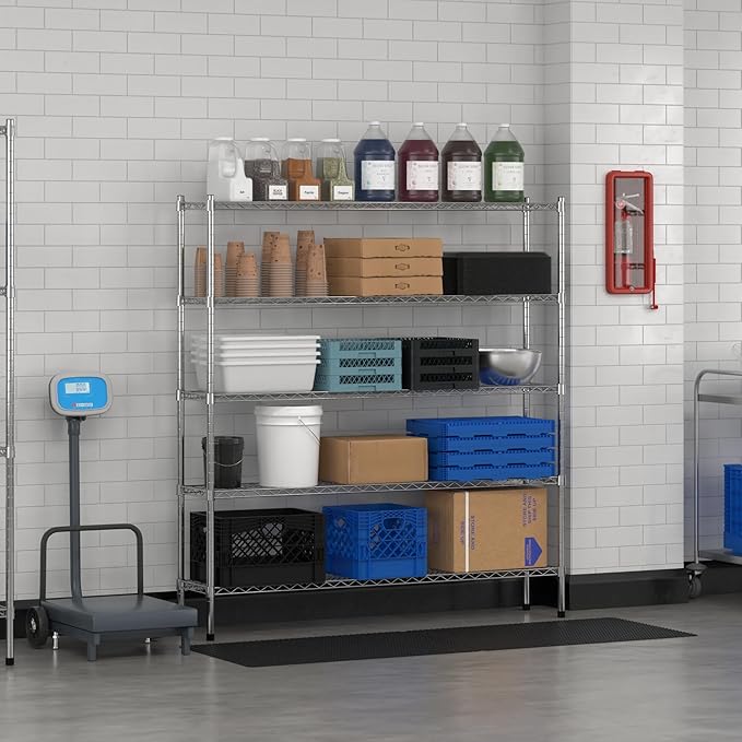 Commercial NSF Listed Chrome Stationary Wire Shelving Kit 12" x 60" x 64", with 5 Shelves Perfect for Warehouse, Walk-in Refrigerator, Freezer, Grocery Store, Restaurant, Dishroom