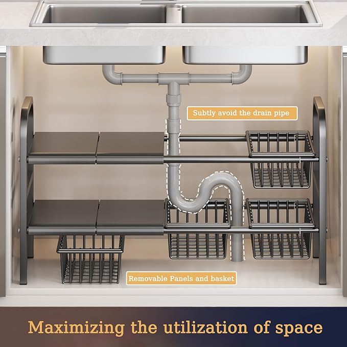 Extendable Under Sink Storage, Kitchen Shelf Organiser, 2-Tier Adjustable Under Sink Bathroom Cabinet Multifunctional Storage Rack for Bathroom Cabinet