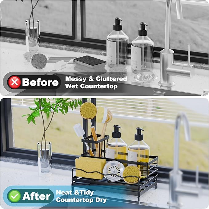 Sponge Holder for Kitchen, Sink Caddy with Tall Brush Holder & Quick-Drain Tray, 360° Swivel Spout, Stainless Steel Sink Organizer, All-in-One Organizer for Sponges, Brushes & Soap