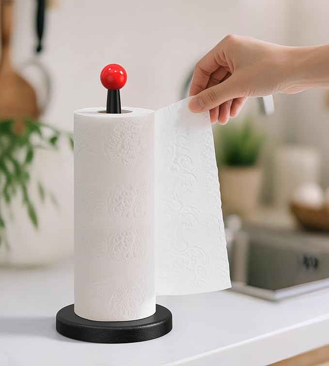 KitchLife Paper Towel Holder Countertop, 1 Pack Freestanding Decorative Black Red Weighted Holder Fits Jumbo Roll - Aesthetic Solid Paper Towel Dispenser Stand with Thickened Wider Anti-Skid Base