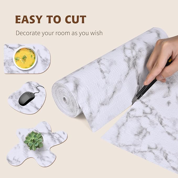 Shelf Liners for Kitchen Cabinets 17in x 20FT, Non Adhesive Drawer Liner Marble Pattern Thickened Shelf Liner Non-Slip Easy to Clean for Tool Box Refrigerator with Knife and Tape Measure