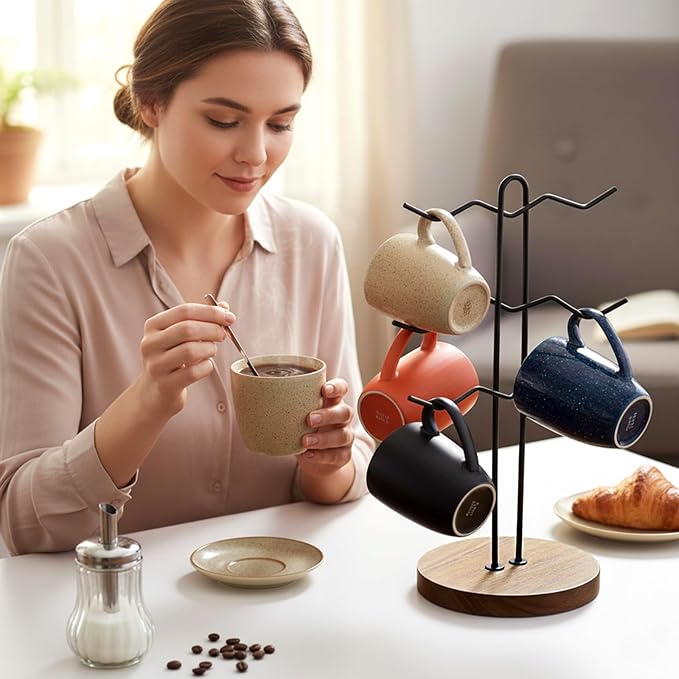 MyGift Black Metal Wire Tabletop Coffee Mug Holder with Premium Acacia Wood Base – Modern Countertop Cup Organizer Rack Stand