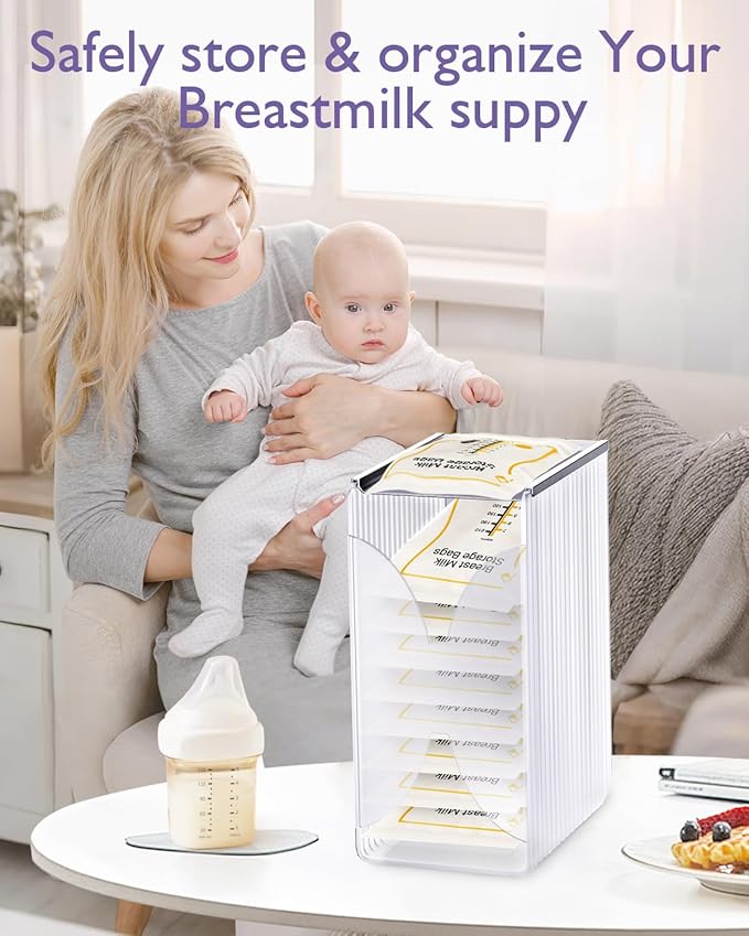 Freeze Organizer and Tower for Breastmilk Storage Bags, First-in First-Out Container Storing System with Quick-Freeze Tray to Freezing Breastmilk, Reusable and Breastfeeding Essentials