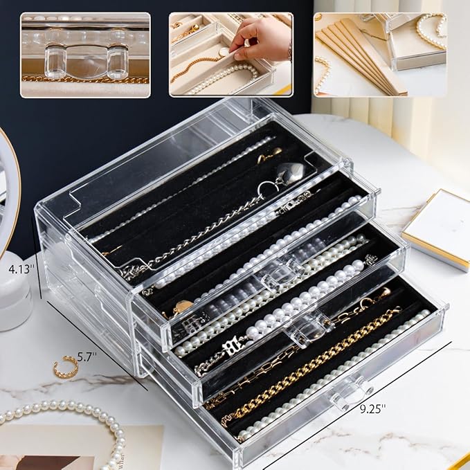Necklace Holder Organizer, Dustproof Necklace Box Velvet Necklace Organizer Box with Lid Clear Acrylic Dustproof Stackable Jewelry Displays for Necklaces Chain Display (Black, 3 Drawer)