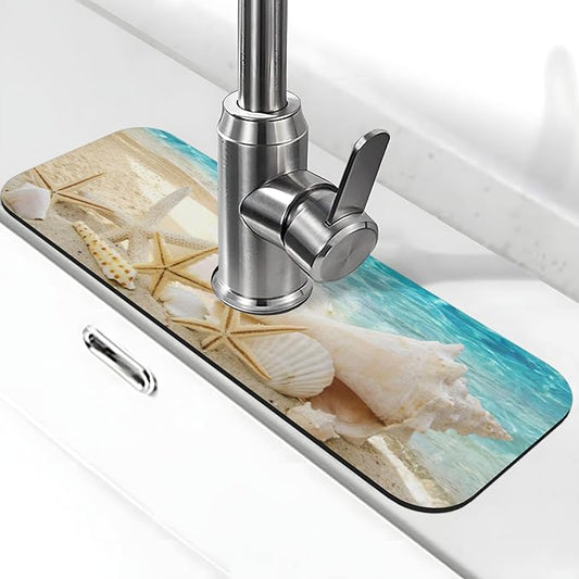 Summer Beach Starfish Sea Shell Blue Sky Sun Kitchen Sink Splash Guard Faucet Mat Super Absorbent Fast Drying Mat Sink Gadgets-Fast Drying Pad Sink Mat For Kitchen Bathroom (15" X 5.5" )
