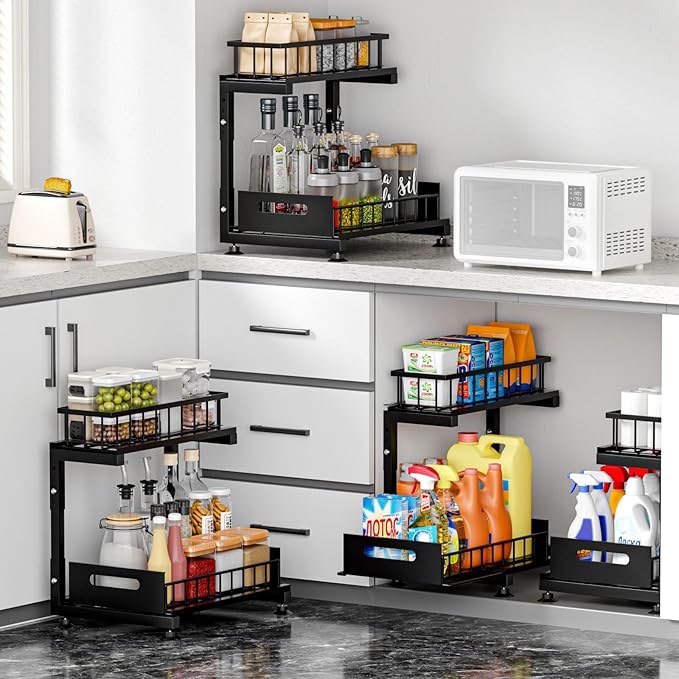Under Sink Organizer, 2-Tier Premium Metal Pull-Out Racks with Adjustable Height, Heavy Duty Sliding Bin for Bathroom and Kitchen Cabinet Storage, Rust Resistant 2 Pack