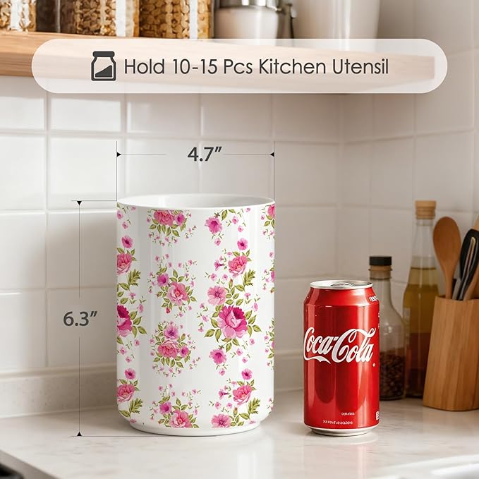 Wildflowers Utensil Holder,Countertop Ceramic Utensil Holder,Large Cooking Utensil Crocks for Kitchen Counter Decor,Ceramic Vase for Kitchen Utensils, H6.3 xD4.7(Wildflowers)