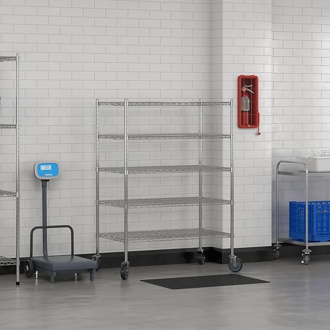 Commercial NSF Listed Chrome Mobile Wire Shelving Kit 24" x 42" x 60", with 5 Shelves Perfect for Warehouse, Walk-in Refrigerator, Freezer, Grocery Store, Restaurant, Dishroom