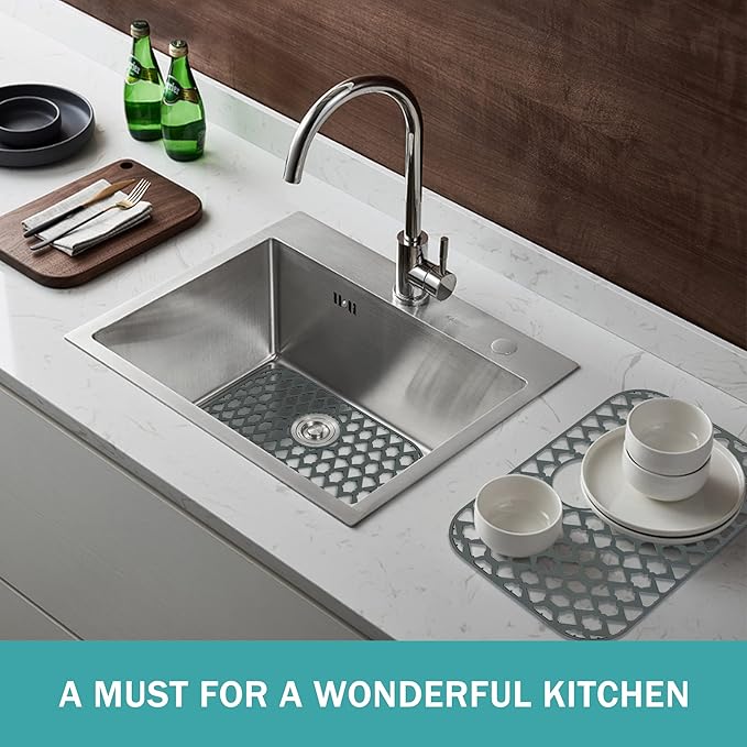 SAMSIER Sink Protectors for Bottom of Kitchen Sink 13x11 &16x12 &21x16 &22x13 &24x13 &26x14 &28x14 &30x16, Large Farmhouse Silicone Mats Grid (19”x14”, Rear Drain)